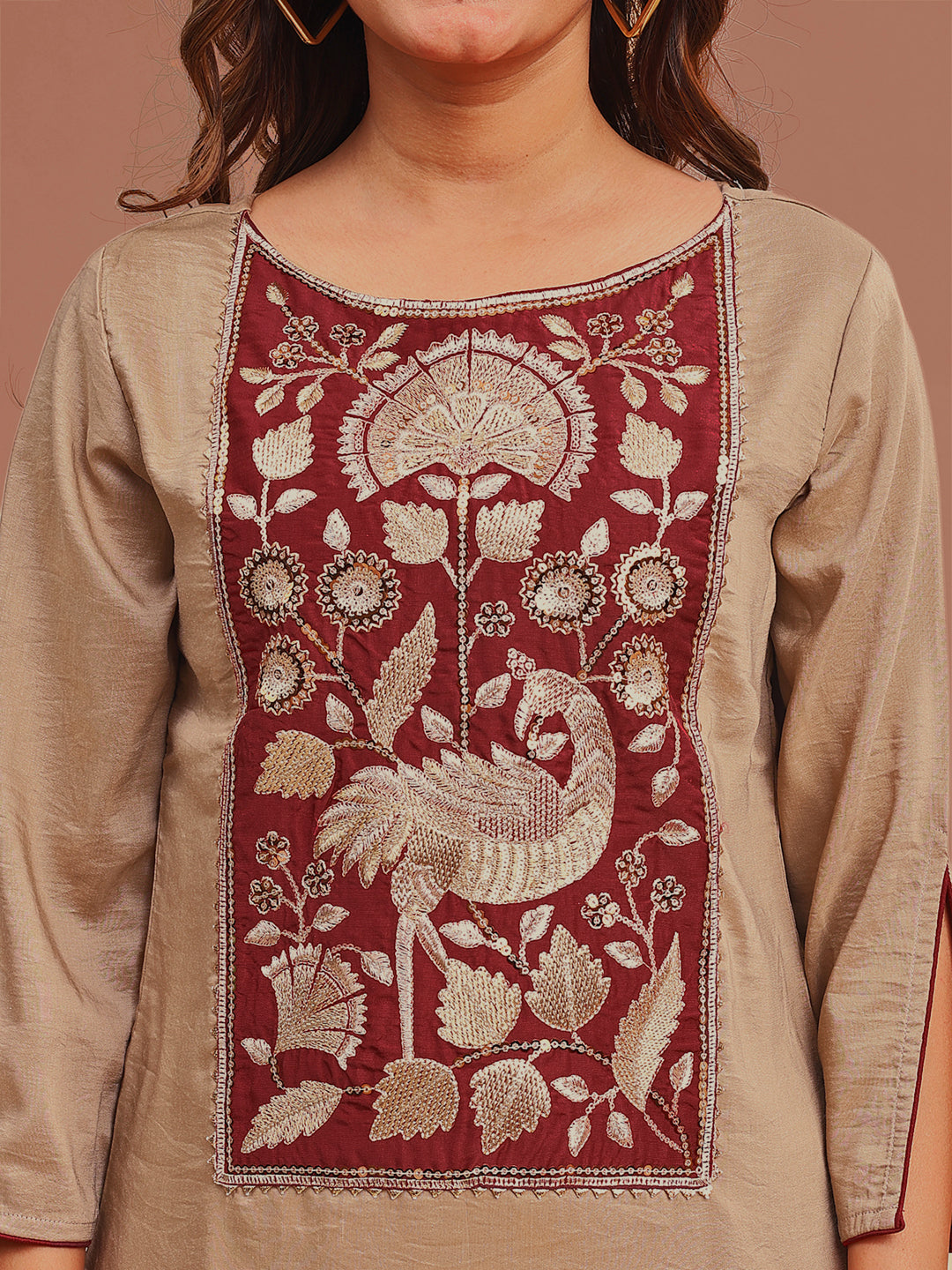 Beige Colored Silk Blend With Zari Work Yoke Embroidered Tunic & Trouser Co-ord Set